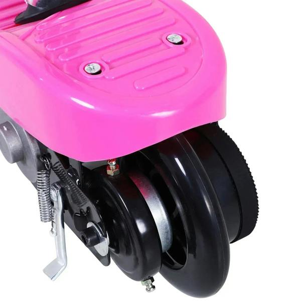 Pink foldable electric kids scooter close-up of front wheel and deck top plate