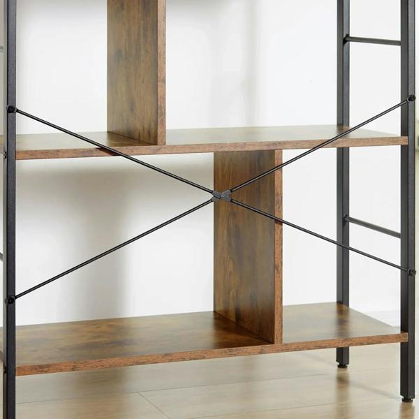 Diagonal cross brace detail inside a rustic brown and black open bookcase frame.
