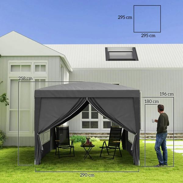 Grey pop-up gazebo tent with curtained doorway and side window panels, 3x3 m