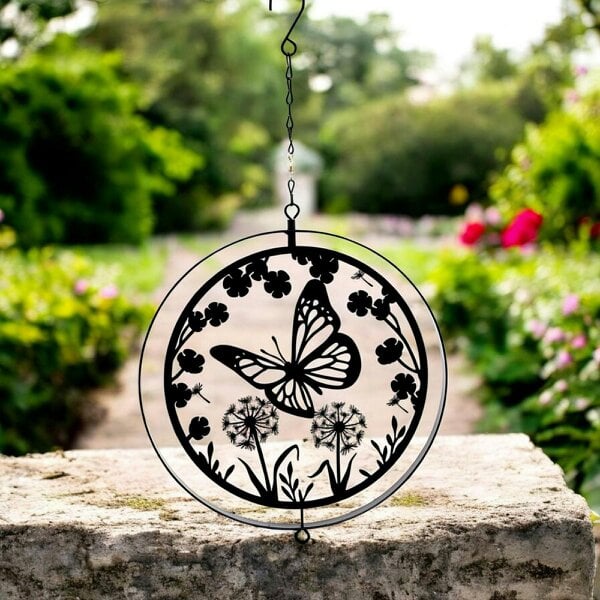 EDH Door Hardware Black Metal Butterfly Hanging Silhouette Orbit Spinner – 39cm x 23cm | Elegant Outdoor Garden Décor | Wind Spinner