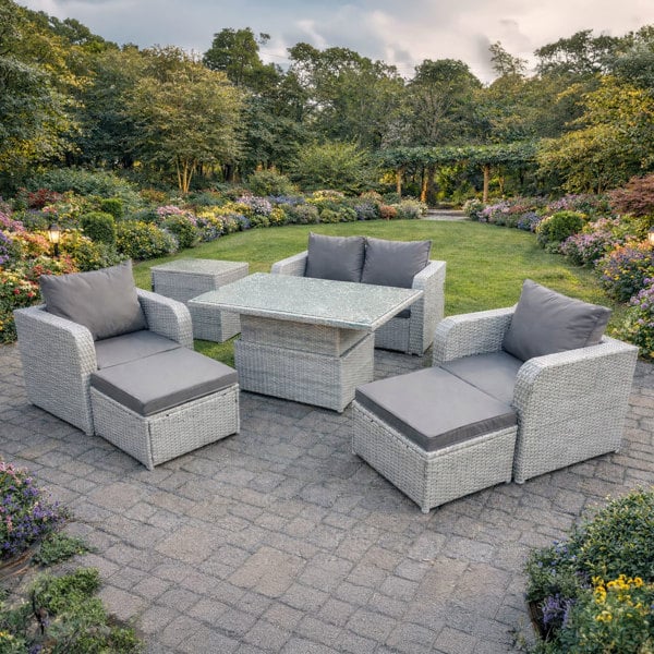 Fimous 6 Seater PE Rattan Sofa Set with Reclining Chair, Adjustable Coffee/Dining Table, Sofa, 2 Large Footstools, Side Table - Light Grey