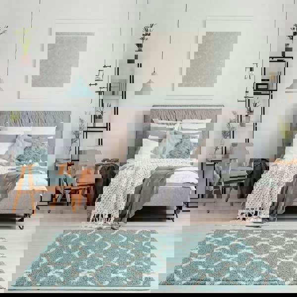 Trellis Design Thick Shaggy Area Rugs Duck Egg Blue