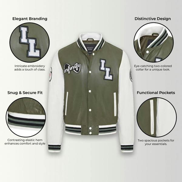Infinity Leather Mens Baseball Leather Letterman Bomber Jacket - Ashwood