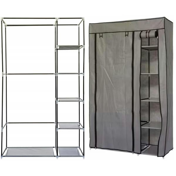 Gr8 Home Single Grey Fabric Canvas Wardrobe With Hanging Rail Shelving Clothes Storage