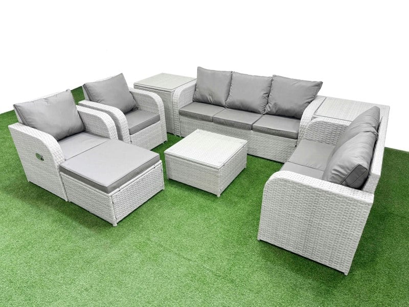 Fimous Rattan Garden Furniture Set with Adjustable Chair Double Love Seat 2 Seater Sofa Square Coffee Table Big Footstool 2 Side Table Light Grey