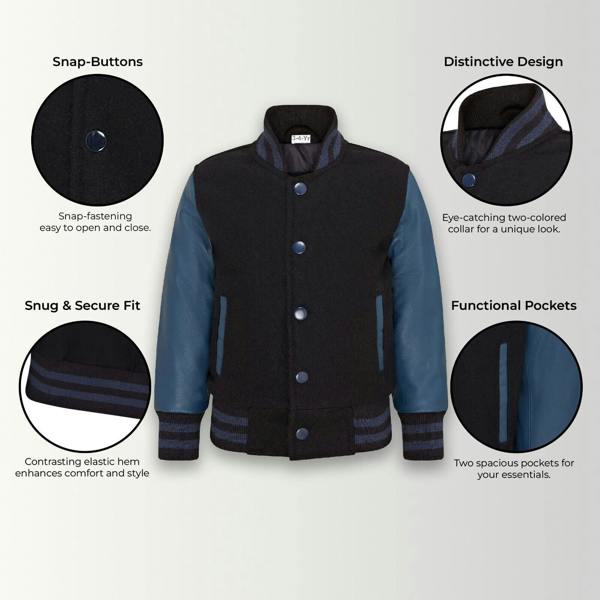 Infinity Leather Kids Wool Varsity Bomber Jacket with Real Leather Sleeves 3-13 yrs