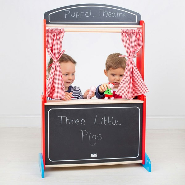 Tidlo Wooden Puppet Theatre Including Red Gingham Curtains And A Chalkboard