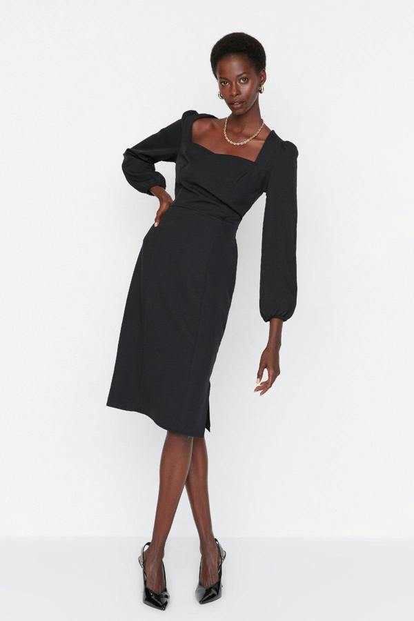 WOVCOR Heart Neck Long Sleeve Bodycon Midi Dress