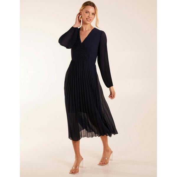 Blue Vanilla Wrap Front Pleated Midi Dress