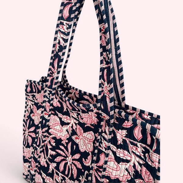 Hayley & Co Navy and Pink Flower Quilted Cotton Tote Bag