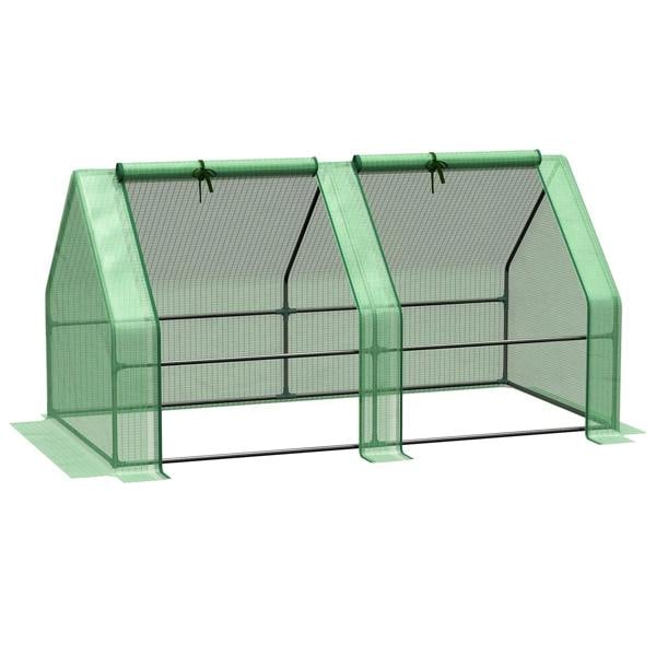 Green mini greenhouse with steel frame and translucent PE cover, arched ends