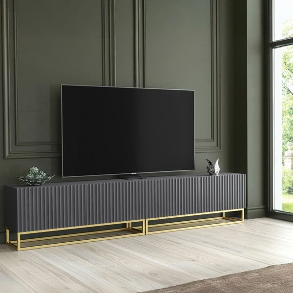 Mex Furniture Modular Grey TV Unit with Gold Base 200cm – Fluted Fronts & Push-Down Doors