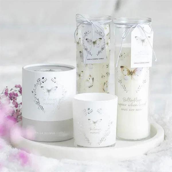 Vanilla-scented candle set of three white jars with butterfly 'In loving memory' art