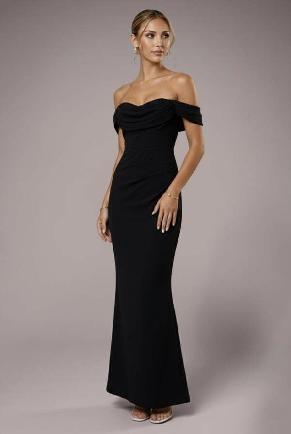 Chiffon Off The Shoulder Cowl Neck Maxi Dress - Black DR2690