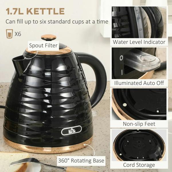 Black electric kettle with water level indicator and auto-off display details