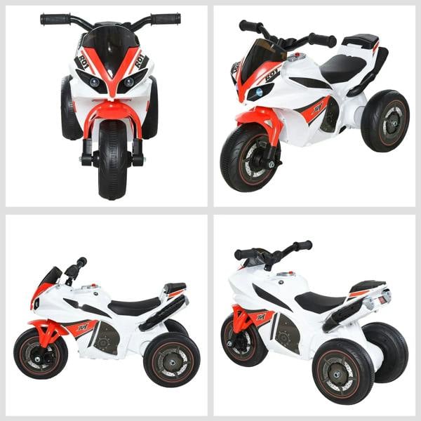 White and red 3-wheel ride-on police bike shown from multiple angles with black seat
