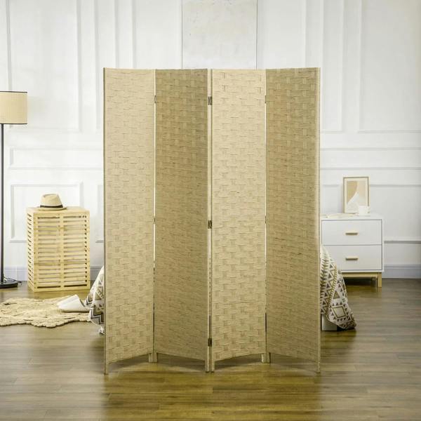Brown 4-panel folding privacy screen divider standing freestanding with woven texture