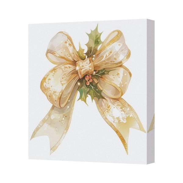 Benjamin Tate Design Contemporary Gold Ribbon Christmas Bow Canvas Art Print With Deep Wooden Frame