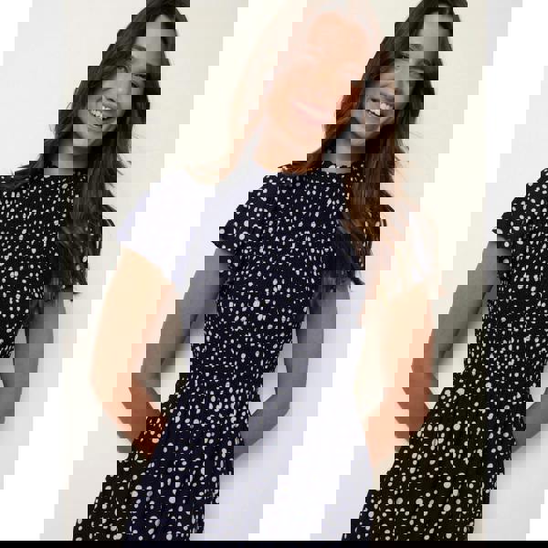 Blue Vanilla Polka Dot Shirred Frill Neck Midi Dress