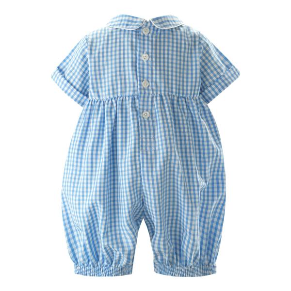 Rachel Riley Blue Gingham Bunny Smocked Babysuit