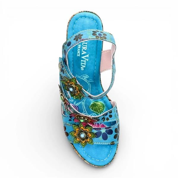 Laura Vita Nellao 33 - Women's Blue Floral Leather Wedge Sandals