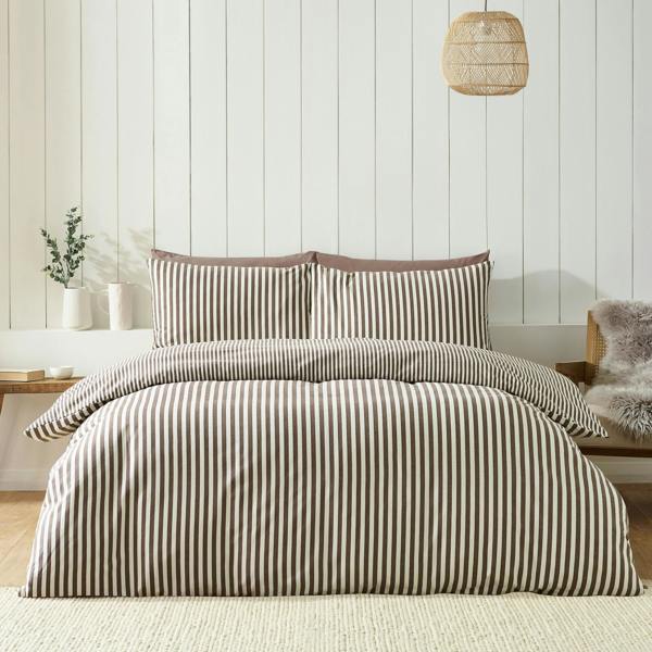 Catherine Lansfield Brushed Stripe Cotton Reversible Duvet Cover Set Chocolate