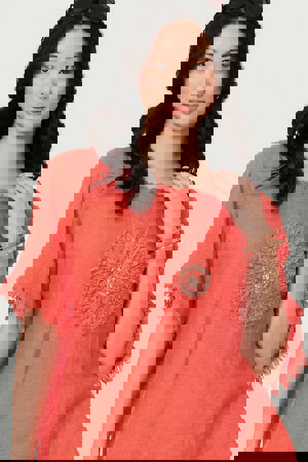 Orange | Frayed Edge Floral Embellished Top