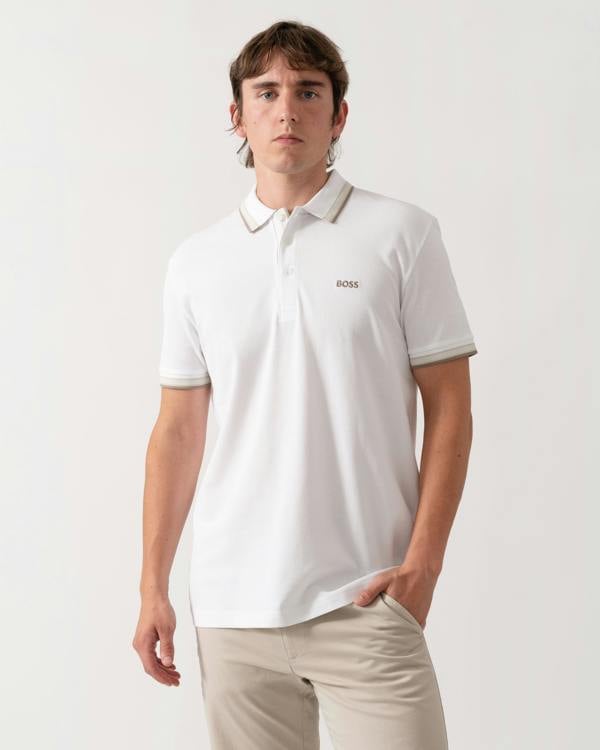 BOSS Green Paddy Mens Cotton-Piqué Polo Shirt with Contrast Logo - Open White 116
