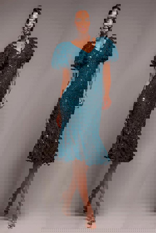 Sequin Lace Puff Sleeve Fit & Flare Midi Dress - Teal Blue DR4508