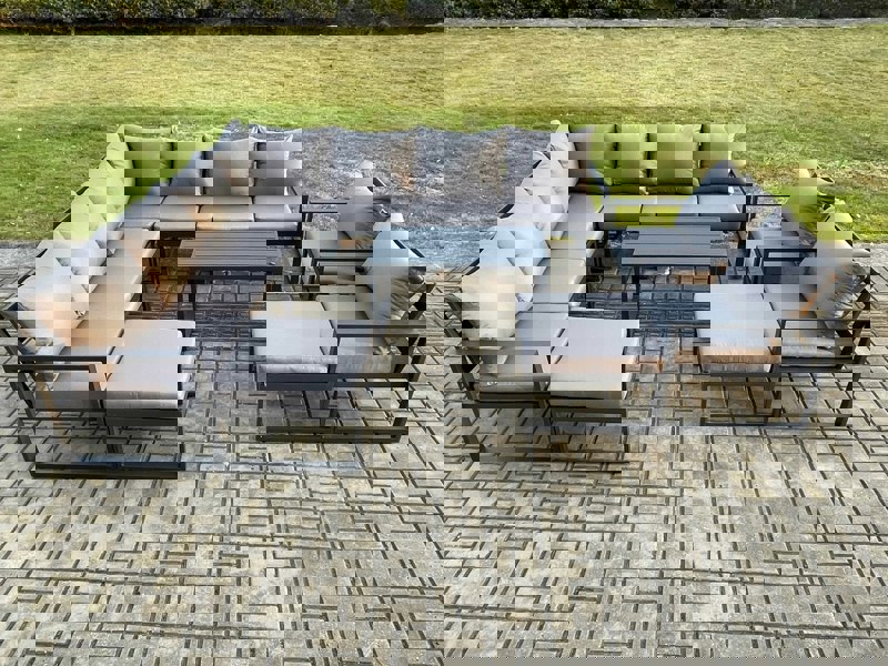 Fimous Aluminium Outdoor Garden Furniture Set Lounge Corner Sofa 2 Pcs Chair Oblong Coffee Table Sets with 2 Big Footstools Dark Grey