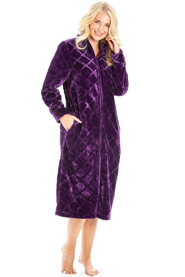 Camille Womens Purple Classic Full Length Zip Through Housecoat With Inseam Pockets