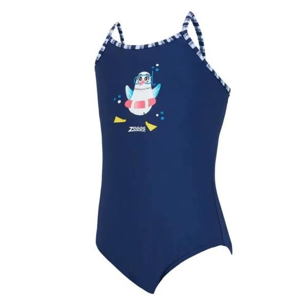 Zoggs Tots Girls Little Gull Crossback Swimsuit in navy blue with penguin design