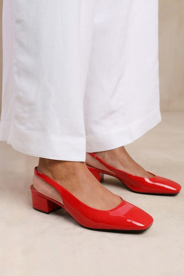 Where's That From Michigan Square Toe Sling Back Low Block Heels in Red Patent