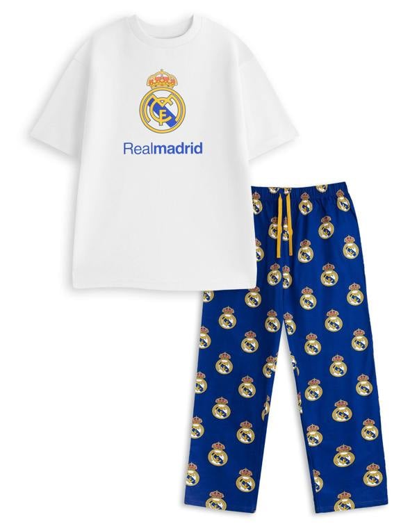 Real Madrid Mens White Logo Short Sleeve Long Leg Pyjama Set