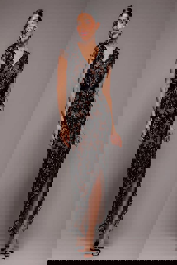 Embroidered Sequin Tassel Front Split Midaxi Dress - Black DR4590