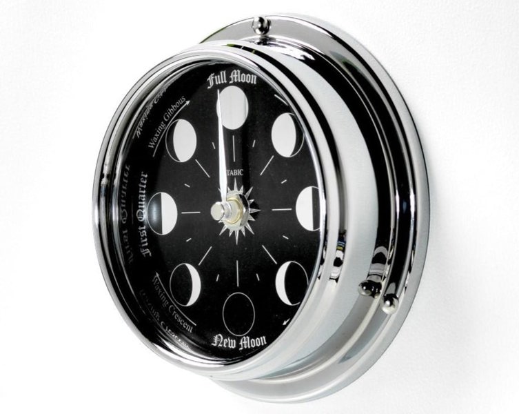 Handmade Prestige Moon Phase Clock in Chrome with Jet Black Dial created with a mirrored backdrop - TABIC CLOCKS