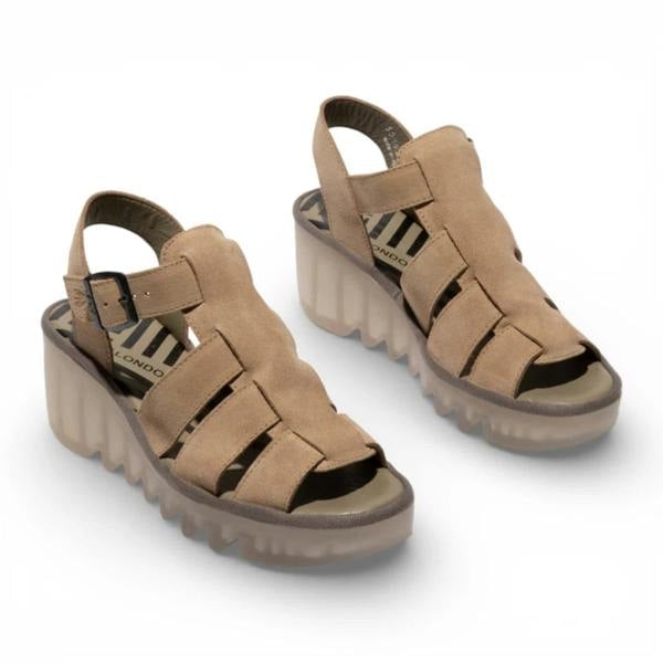 Fly London BAIC621FLY - Women’s Taupe Suede Leather Wedge Sandals
