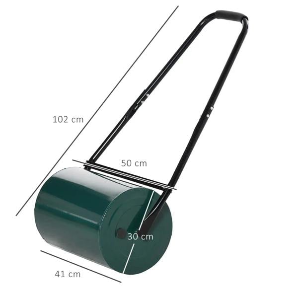 30 cm dark green steel lawn roller drum with black handle, size diagram view