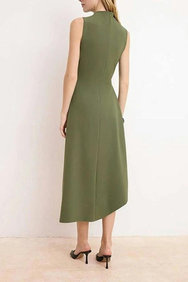 WOVCOR A-Line Asymmetrical Sleeveless Ruched Midi Dress