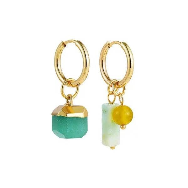 A pair of mismatched hoop earrings with one earring featuring a green stone and the other with a yellow stone, both in gold-colored settings.