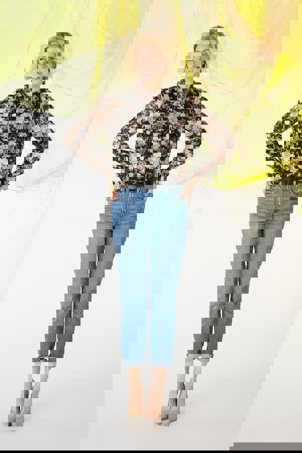 Black | Floral High Shirred Neck Blouse : Model is 5'10"/178 cm and wears UK10/EU38/US6/AUS10