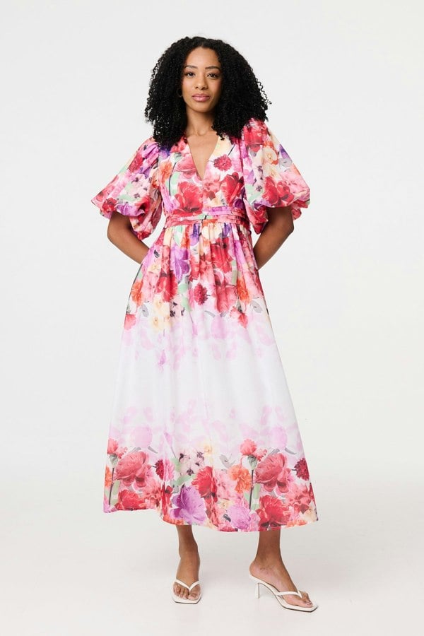 White | Floral Print 1/2 Angel Sleeve Midi Dress