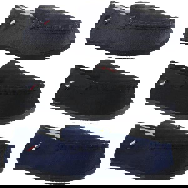 US Polo Assn. Men's Slip-On Loafer Backed Moccasin Style Slippers, three color options in navy, black, and dark gray with comfortable slip-on design and moccasin detailing.