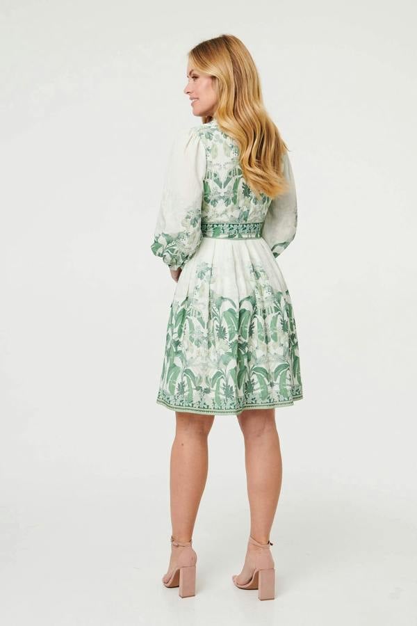 Green | Leaf Print Long Sleeve Tie Short Dress