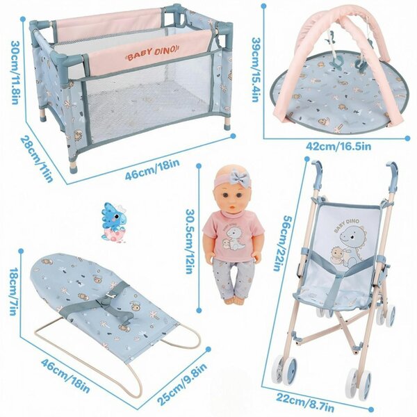 deAO Toys deAO 6-in-1 Baby Doll Playset, Baby Doll Pretend Role Playset Blue