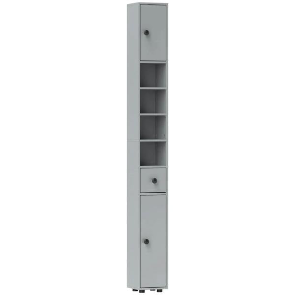 Slim grey bathroom cabinet with top door, interior shelves, and bottom drawer