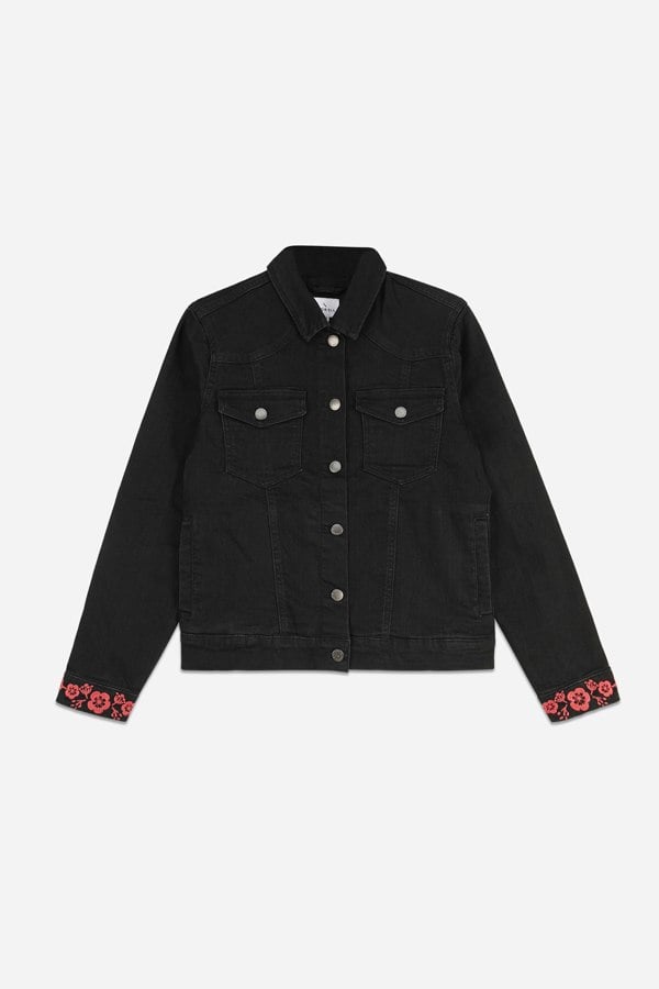 ENORSIA Black Classic Denim Jacket With Sleeve Embroidery