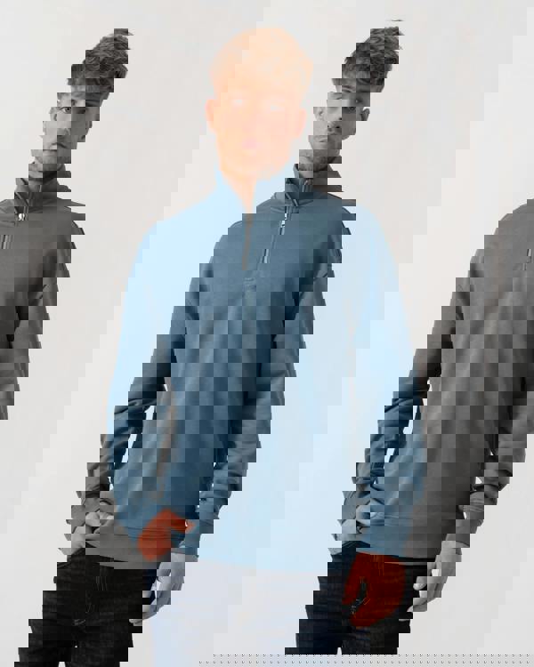 Model wearing HUGO Durty244 Mens 1/4 Zip Sweatshirt in Open Blue 496 - Main