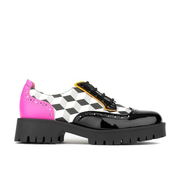 Embassy London Artisan - Black & White Cubics - Women's chunky sole leather derby shoe with brogue details