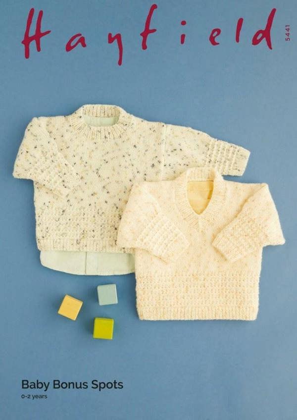 Hayfield Baby Bonus Spots DK Knitting Pattern 5441, Sweaters for Baby, 0 - 2 Years - Easy